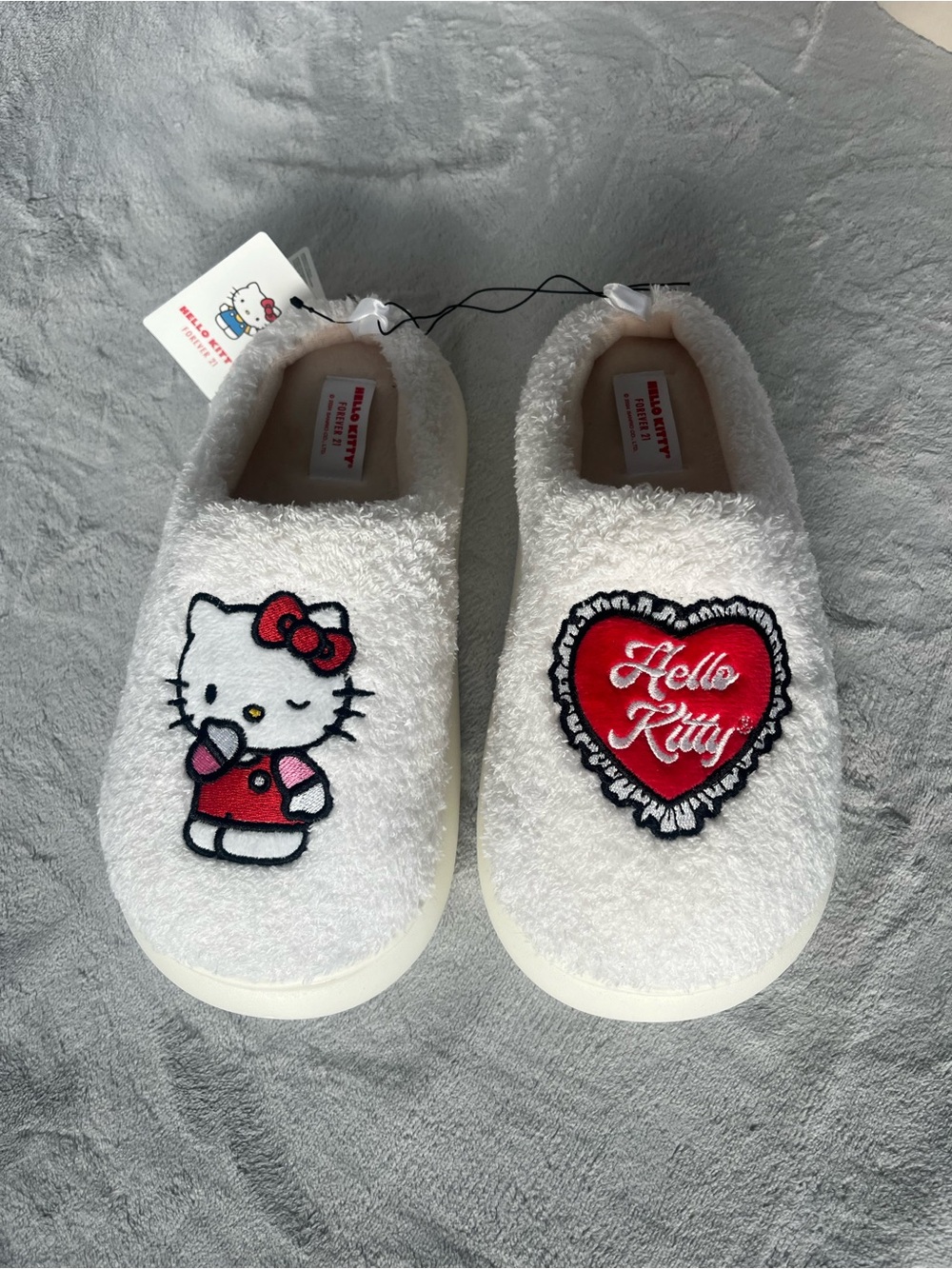 Hello Kitty White Plush Slippers with Red Heart and Bow